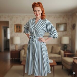 RETRO B.G.B. LTD DRESS NAUTICAL GRAY WHITE STRIPES ROCKABILLY PIN UP I LOVE LUCY